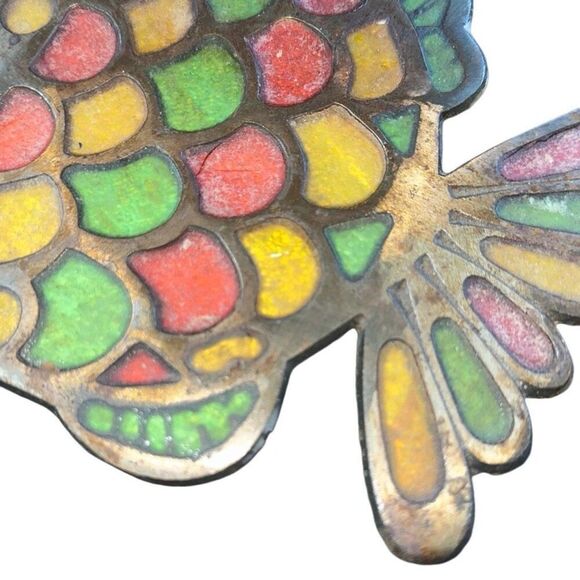 vintage mid century Taiwan stained glass and brass metal trivet fish - Picture 3 of 7